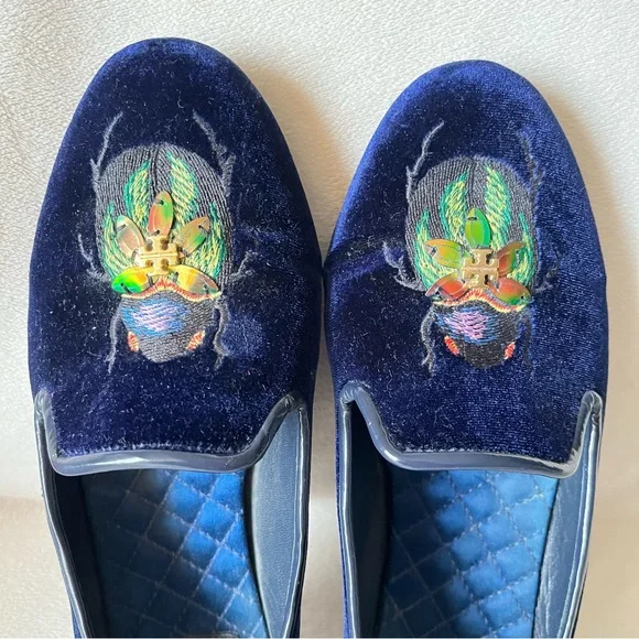 Tory Burch Easton Blue Velvet Loafers Embroidered Beetle Fairycore Regal Sz 6.5 - Picture 4 of 12